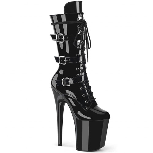 Pleaser Flamingo-1053 – Czarne lakierowane botki z klamrami (obcas 20 cm)
