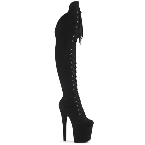 Pleaser Flamingo-3014FS – Czarne zamszowe kozaki za kolano ze sznurowaniem (obcas 20 cm)