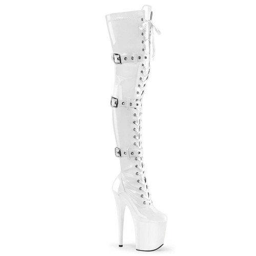 Pleaser Flamingo-3028 – Białe lakierowane kozaki za kolano (obcas 20 cm)