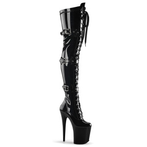 Pleaser Flamingo-3028 - Black Patent Leather Thigh High Boots (heel 20 cm)