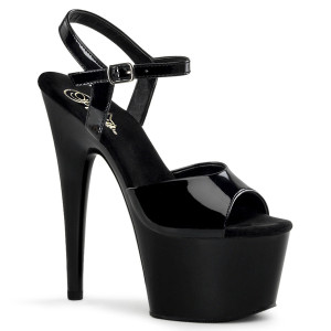 Pleaser Adore-709 – Czarne lakierowane/czarne sandały z paskiem wokół kostki (obcas 17.8 cm)